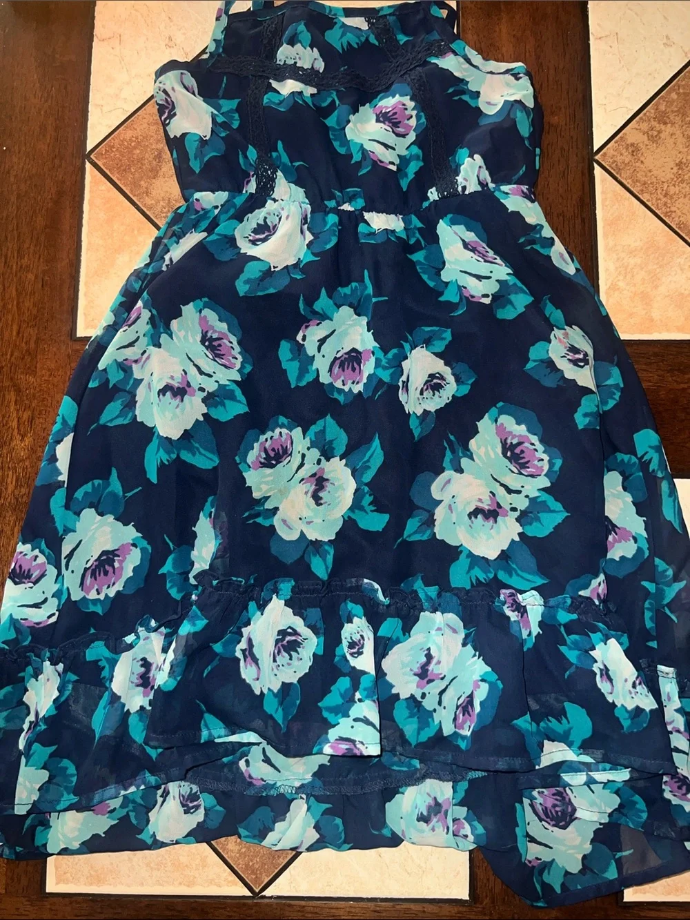 The Children's Place Navy Floral Sundress with Teal and White Roses